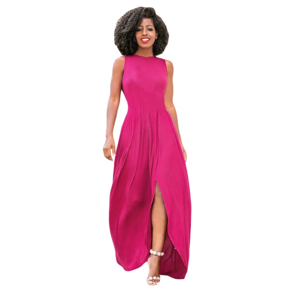 NEW Rosy Vibrant Pink Front Slit Maxi Dress Sz M